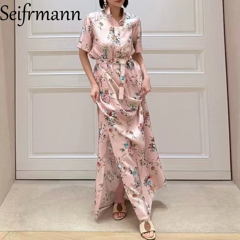 Seifrmann Casual Printed Silk Loose Dress Stand Collar Short Sleeve Waist Long Dress 2026 Summer Women's New Style