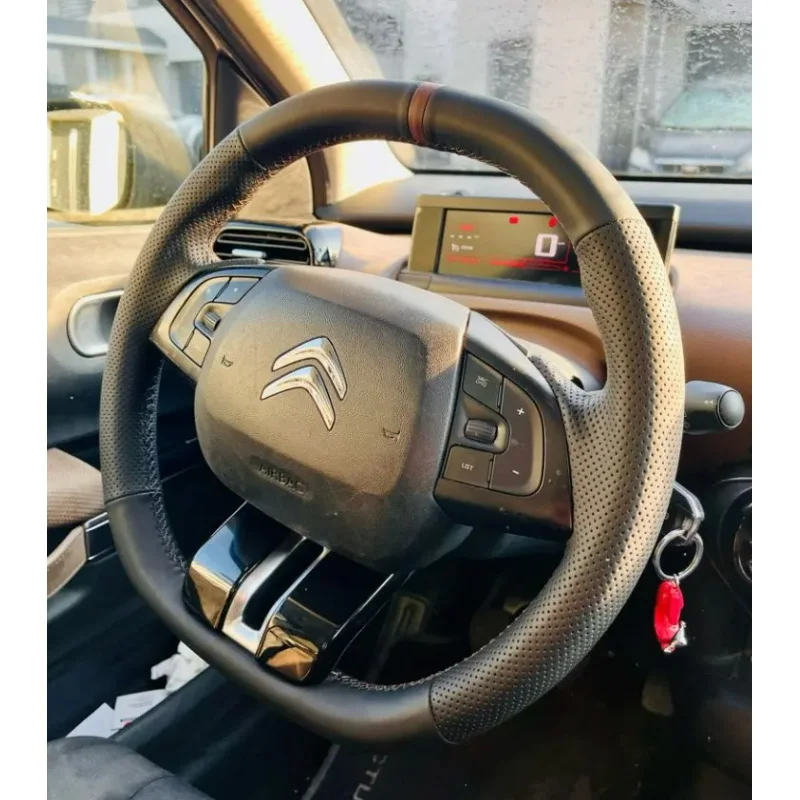 Car Steering Wrap for Citroen C4 Cactus 2013 2014 2015 2016 2017 Hand Stitched brown stripe black Leather Steering Wheel Cover