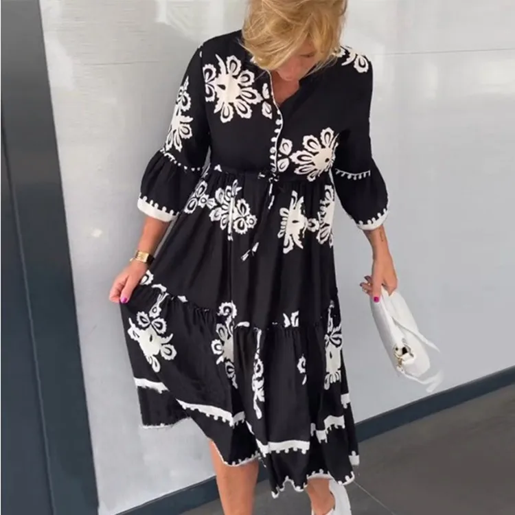 

Summer Print Casual Dress For Women 2024 Fashion V-neck Folds Shirt Dress Boho Loose Robe Feame Black