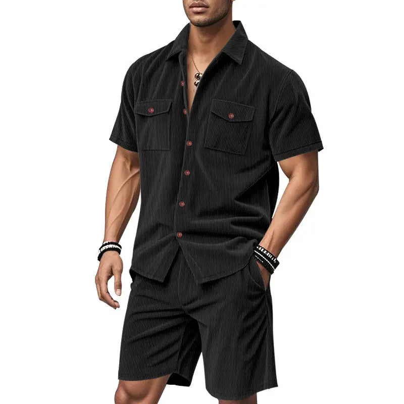 

Men's Casual Corduroy Shirt Shorts Two-Piece Set Summer Sleeveless Trendy Clothing Comfortable Breathable Lightweight Fabric