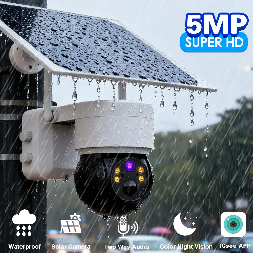 Solar Panel Wifi Camera HD 5MP Outdoor PTZ With Rechargeable Battery PIR Motion Detection Audio 100% Wireless Security IP Camera