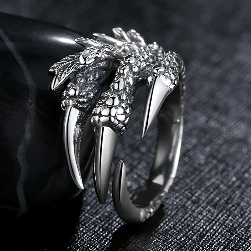 Vintage Stainless Steel Silver Dragon Claw Adjustable Opening Ring Tibetan silver Eagle Animal Rings for Men Women Punk Jewelry