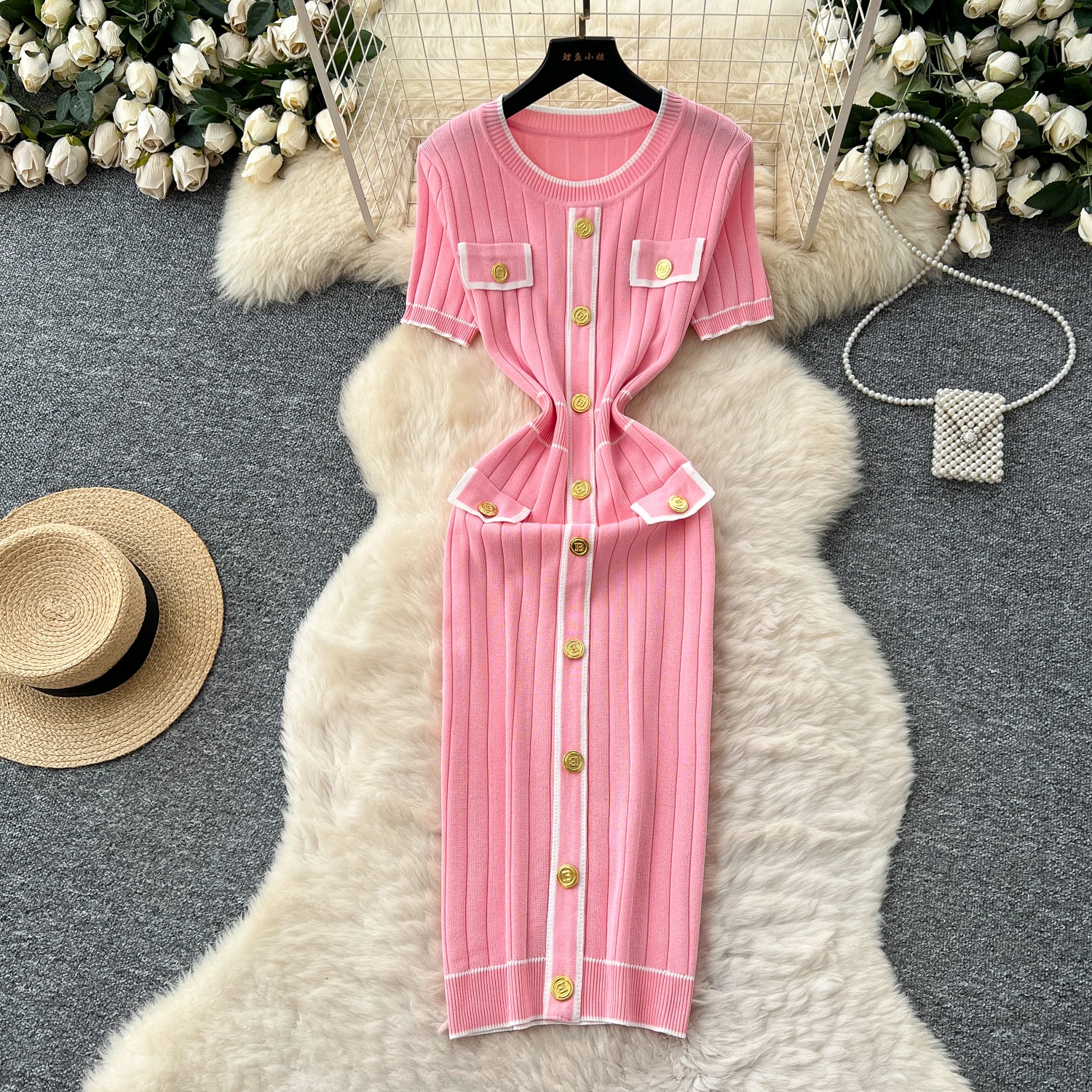 Chique vintage gebreide O-hals korte mouw geplooide elegante fee Koreaanse mode Boho zonnejurk dameskledingjurk