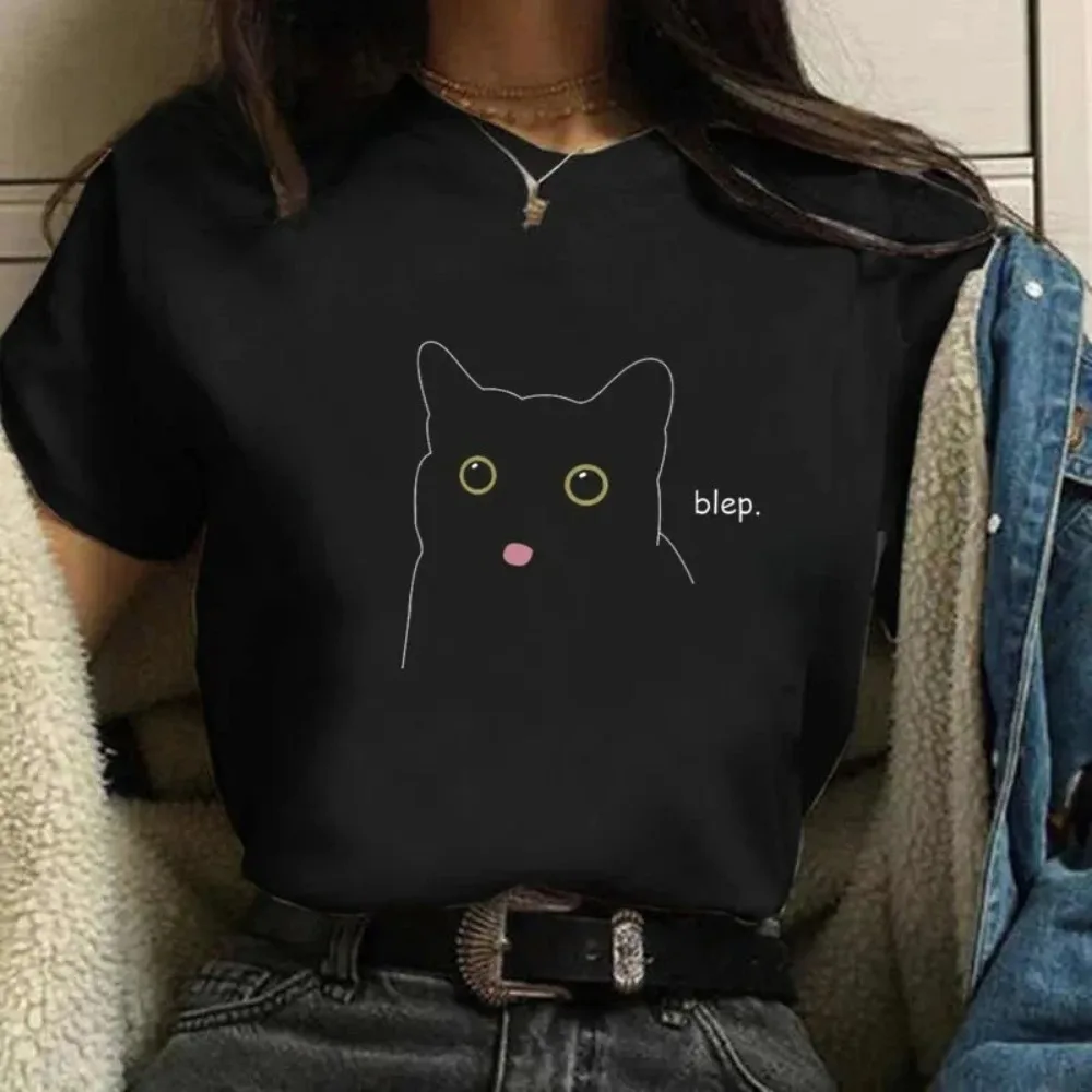 Schönes Katzen-T-Shirt für Frauen, Schwarzes Katzen-Print-T-Shirt, Harajuku-T-Shirt für Frauen, Lässige Mode, Harajuku Kawaii Y2K Kleidung – Detail 4