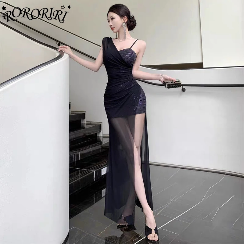 RORORIRI Sheer Mesh Stitch Sequin Camisole Dress Women One Shoulder Slim Bodycon Slit Draped Long Dress Sexy Vintage Party Gown