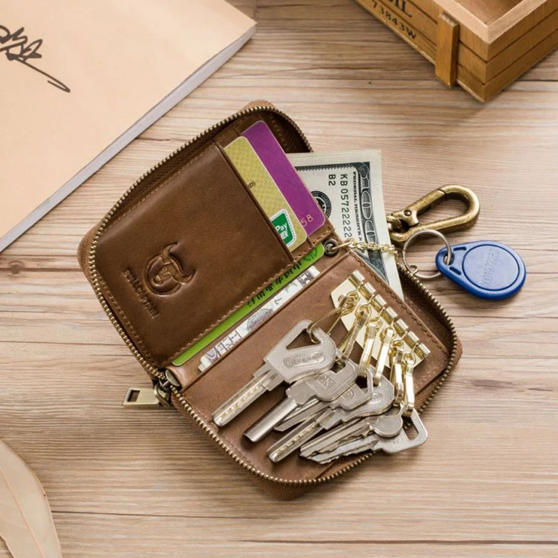 

Genuine Leather Men Wallet with Key Pocket Small Zipper Key Wallet Keychain Housekeeper Design Money Bag Bifold Purse Male