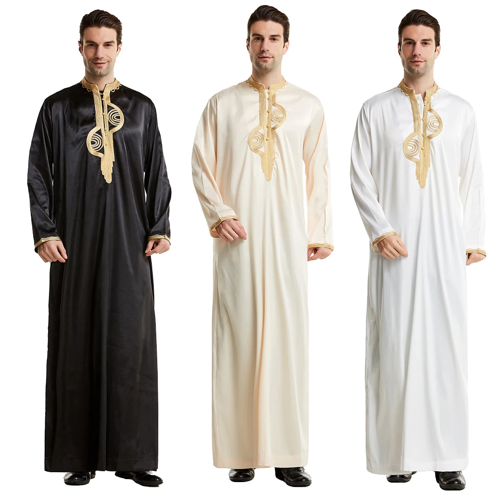 Embroidery Ramadan Thobe for Men Saudi Muslim Stand Collar Long Sleeves Islamic Robe Arabic Kaftan Thawb Dubai Long Abaya Caftan