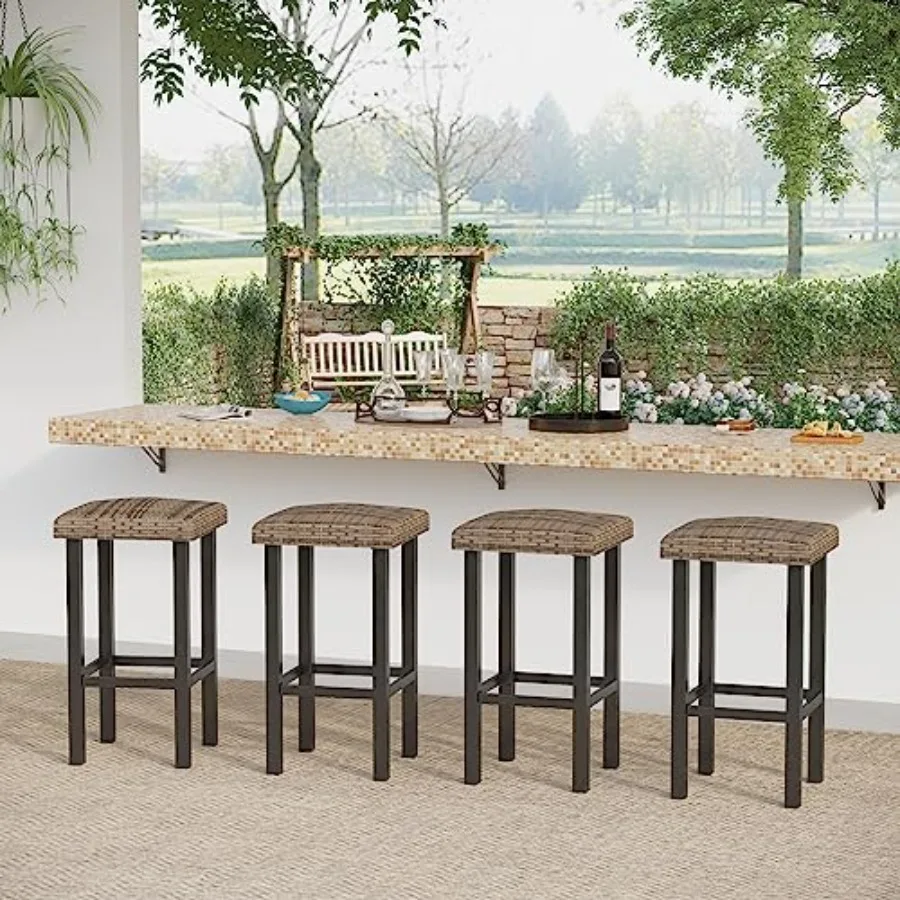 

Outdoor Patio Bar Stools Set of 4, Counter Height Backless Rattan Wicker Bar Chairs with Adjustable Feet Mats, Patio Furniture