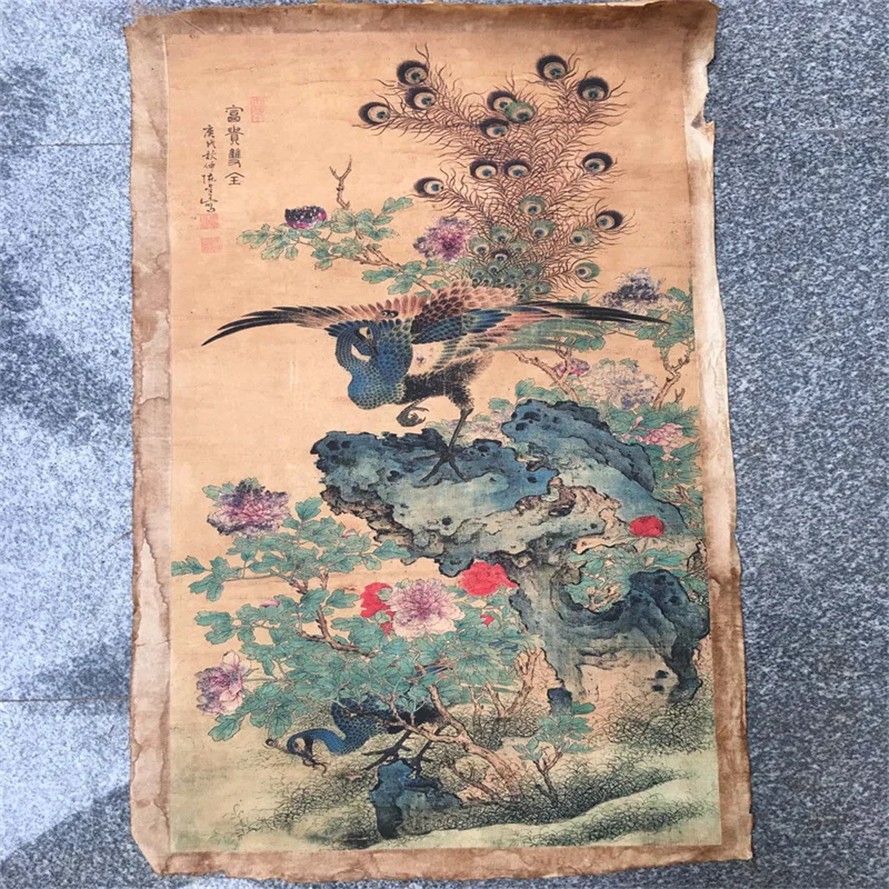 

China Old Scroll Painter's Rice Paper Wall Art Slice Chen Xing's Phoenix Chart of Wealth and Prosperity Traditional Asian Decor