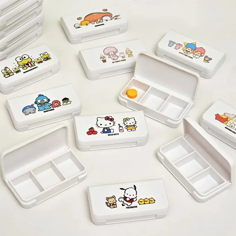 New Sanrio HelloKitty My Melody Kuromi Cartoon Portable Medicine Box Melody Three-grid Storage Box Travel First Aid Box Gift