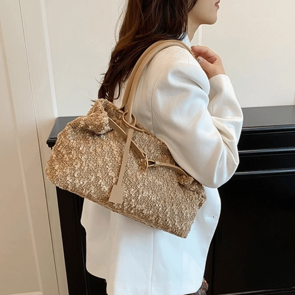 

Elegant Autumn Winter Tote Bag Large Capacity Solid Color Faux Suede Shoulder Handbag Simple PU Leather Hobo Bag Women