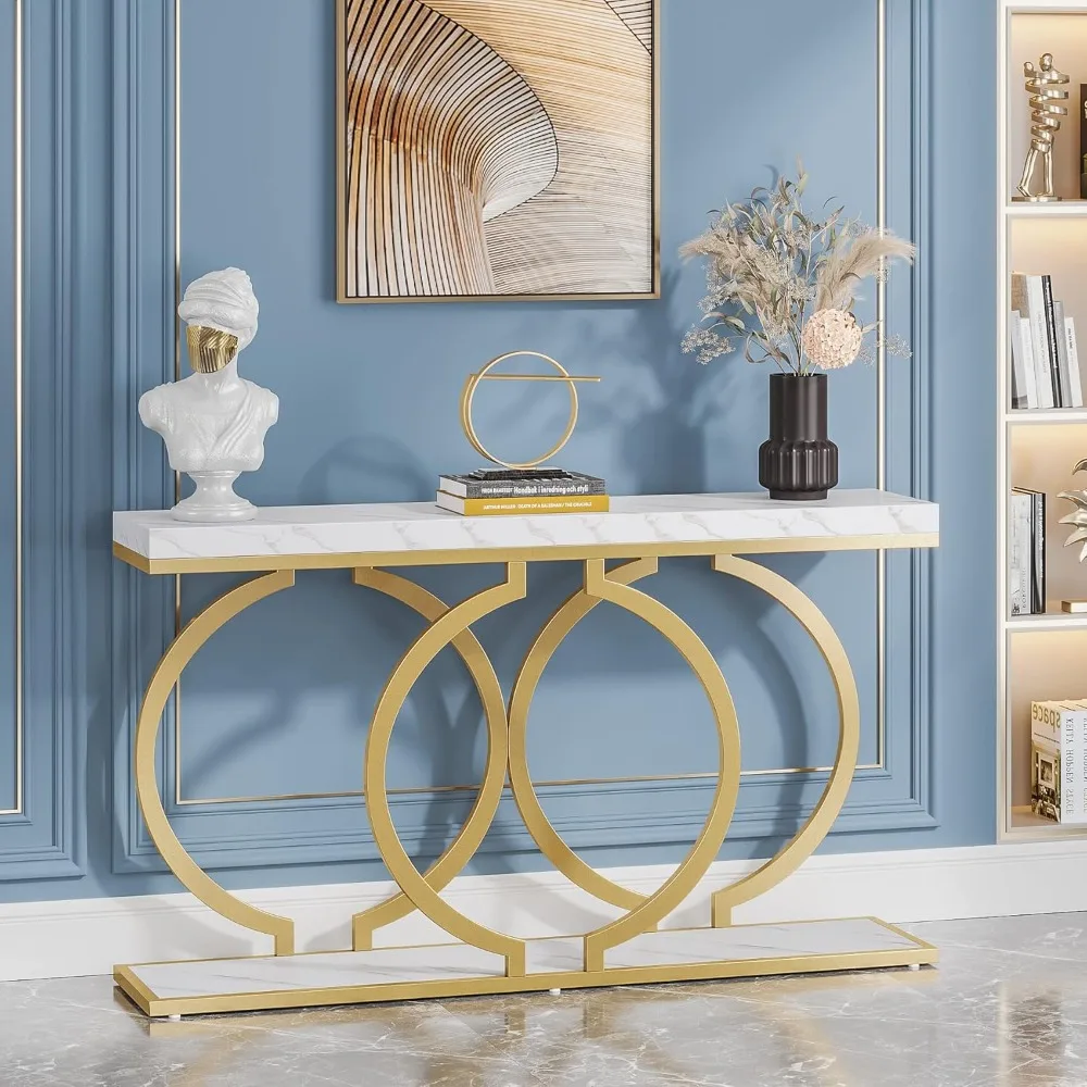 Gold Console Table, 55 inch Faux Marble Entryway Table Narrow Long Sofa Table, Modern Accent Table for Living Room