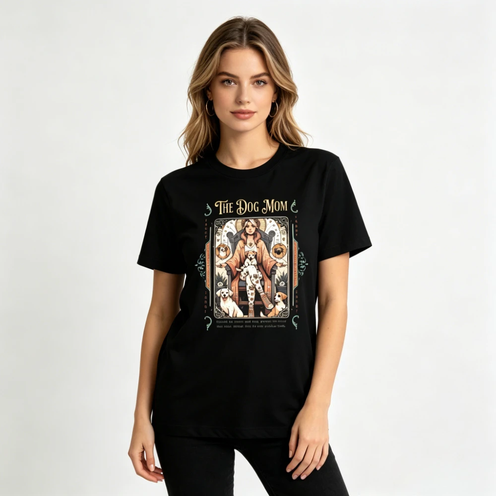 Witchy Spiritual Dog Mom Gift T-Shirt Ornate Vintage Tarot Style Print Short Sleeve Women Fashion Crewneck Cotton Short Sleeve