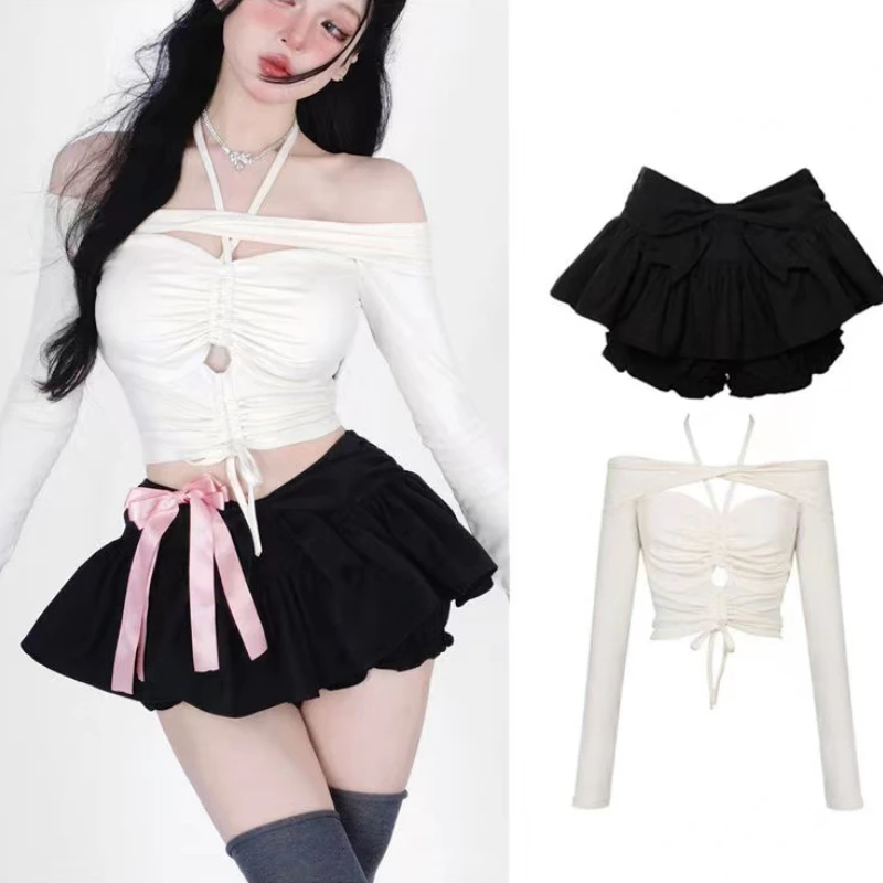 2024 Spring Off Shoulder White Crop Top Women\'s Black Mini Pleated Skirt Cute Two 2 Piece Outfits for Shorts Set Women Shirts