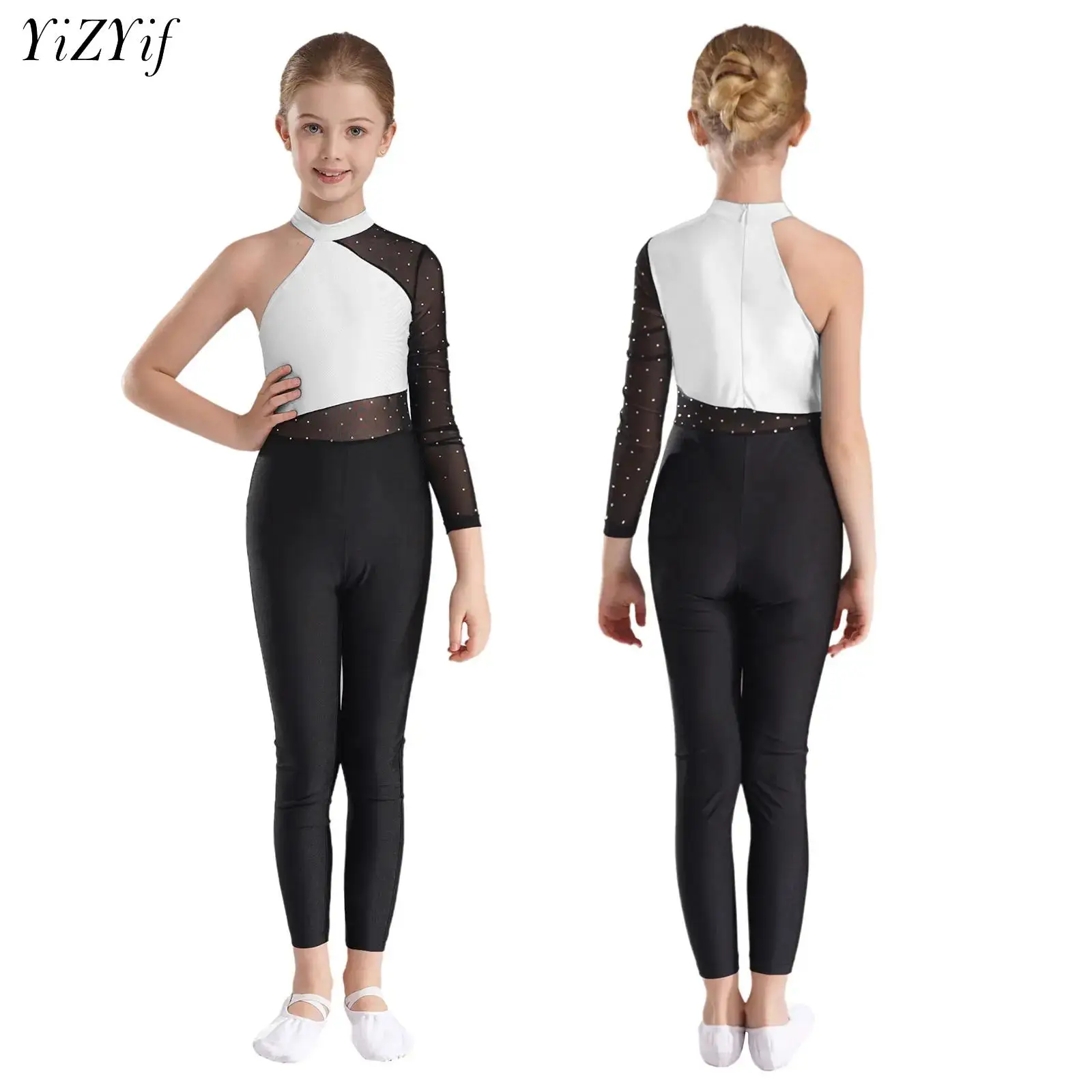 Kids Girls One Shoulder Gymnastics Leotard Ballet Dance Figure Skating Performance Costume Long Sleeve Rhinestones Bodysuit