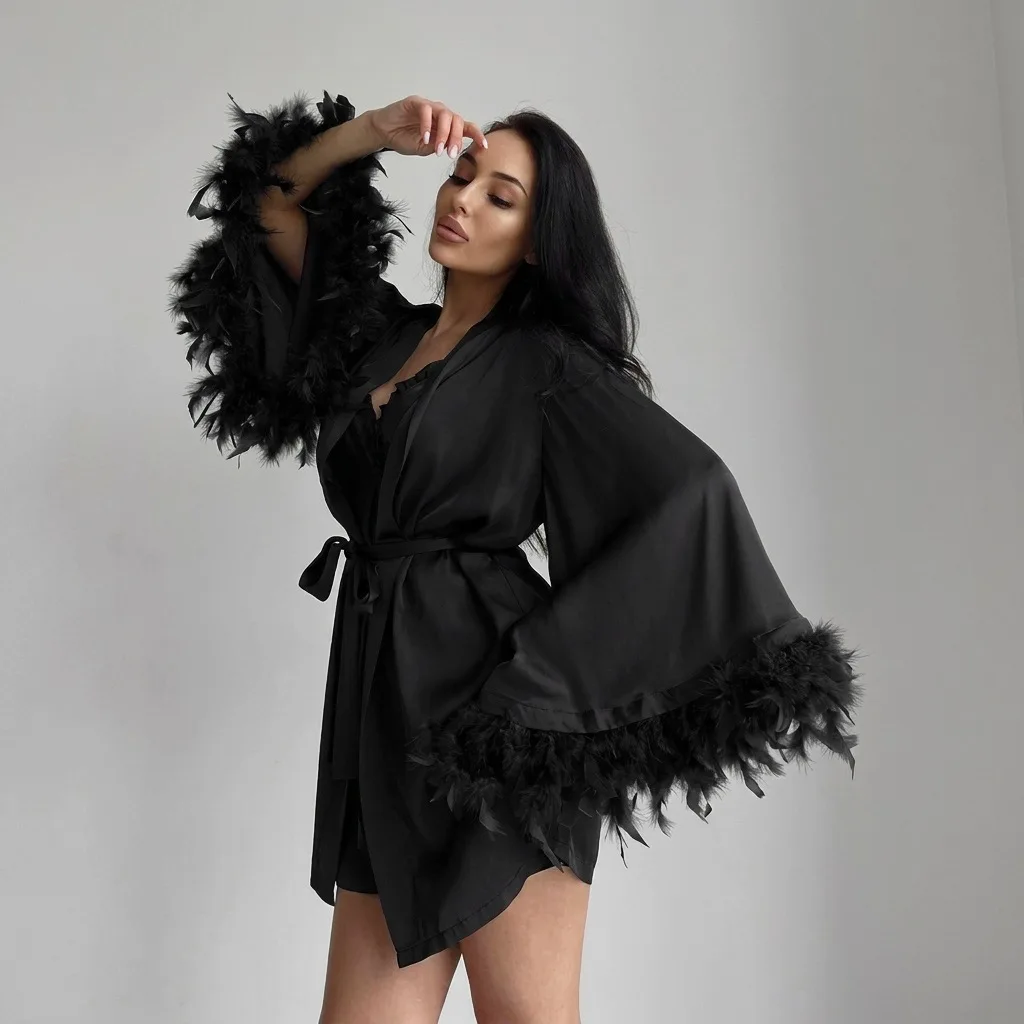 Luxury Imitation Silk Satin Bathrobe for Women Fluffy Feather Trim Cuff V-Neck Belted Short Robe Sleepwear Bridal Morning Gown
