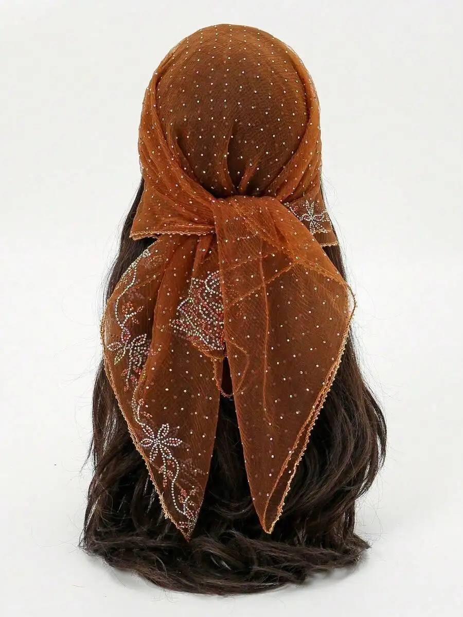 

Rhinestone Embellished Brown Headscarf For Women Stylish Shiny Bandana Wrap