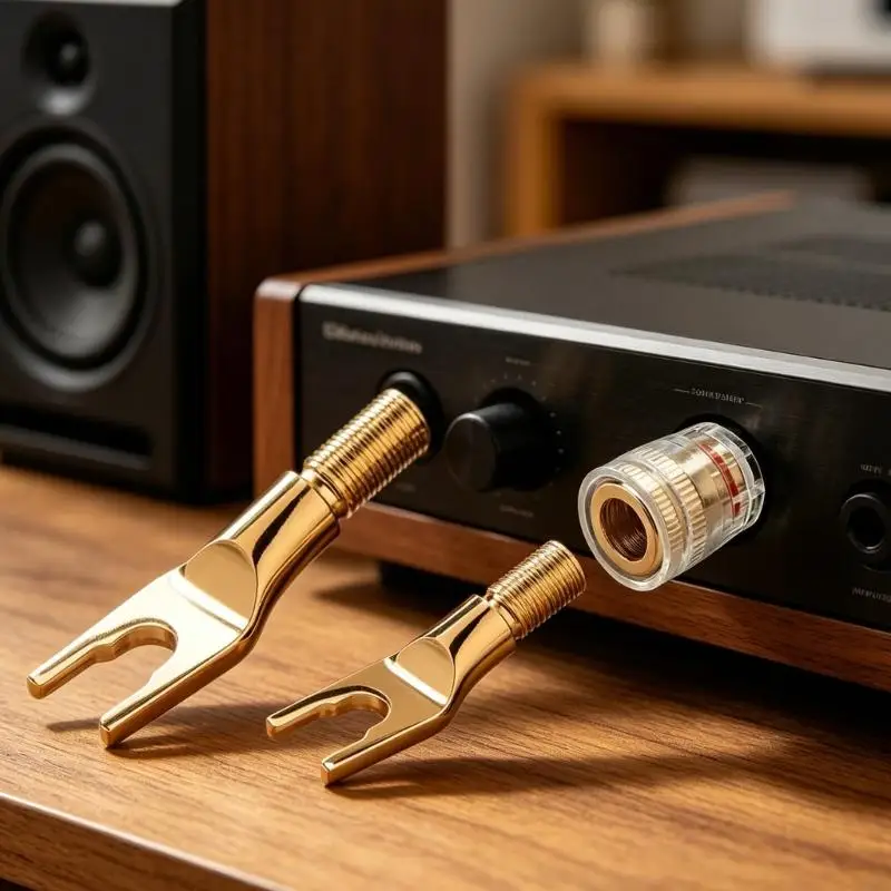 Q6PA Transparent Insulated Y Fork to Banana Plugs Adapters with Gold Plate Increaser Binding for Premium Sound Quality