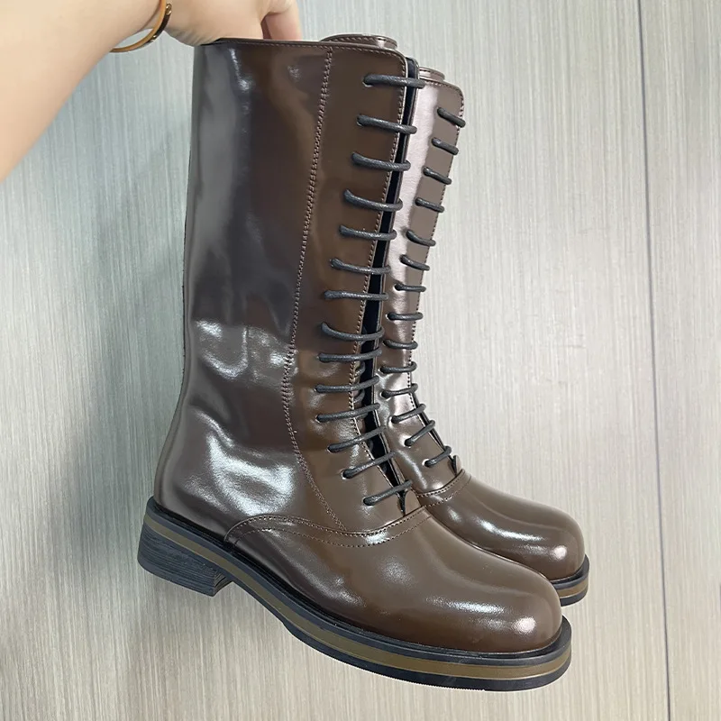 men fashion stage nightclub high motorcycle boots lace-up natural leather shoes cowboy platform boot handsome long knight botas