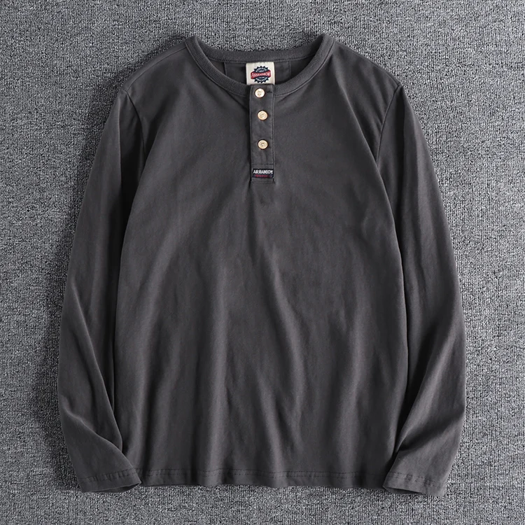 New Men's Cotton Henry Collar Long Sleeve T-Shirt Loose Fit American Retro Khaki Base Shirt Autumn Fashion Urban Style