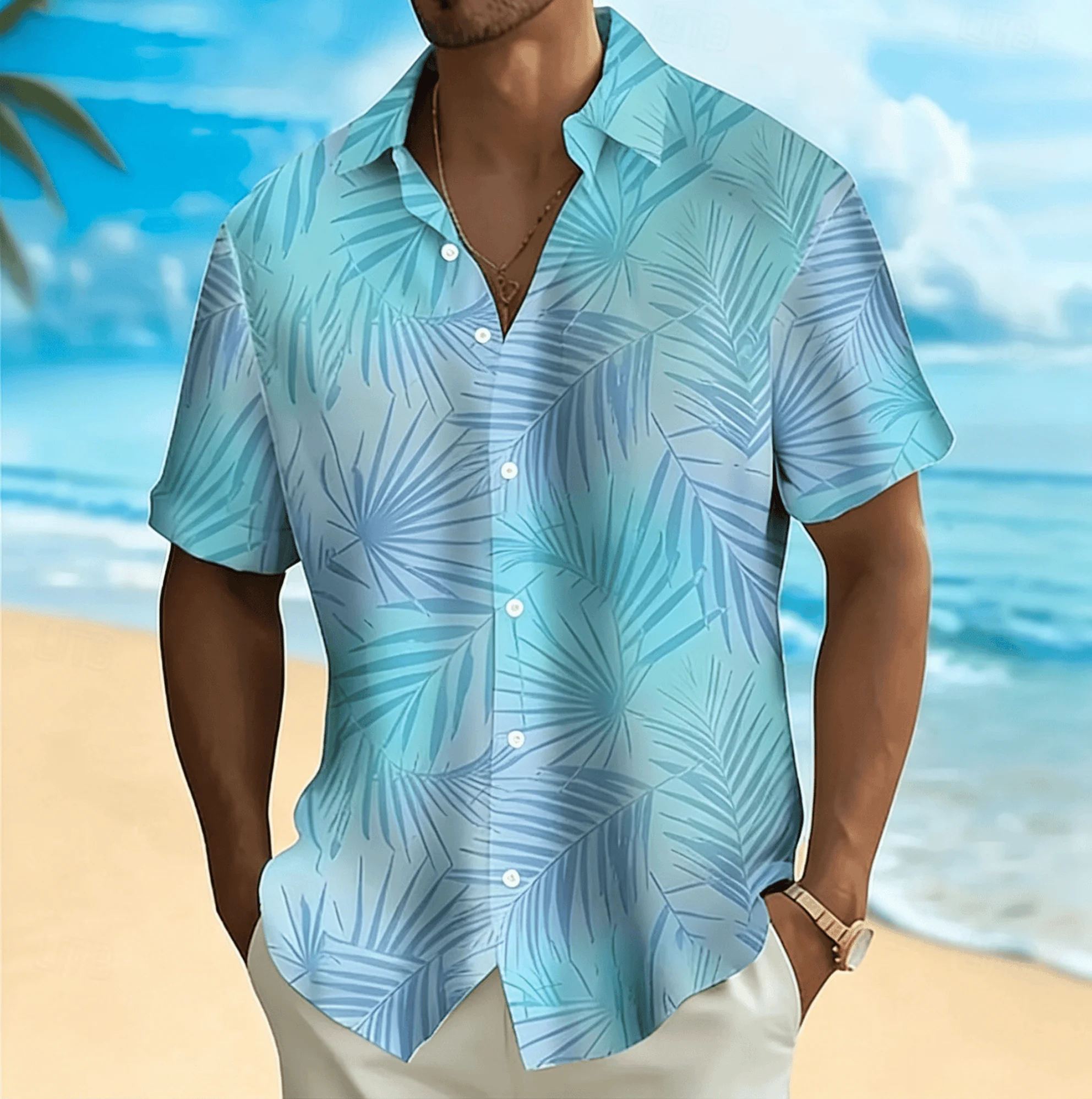 

Men's Fresh Blue Green Gradient Short Sleeve Shirt, Spring Summer Casual Hawaiian Vacation Blouse, Loose Casual Top