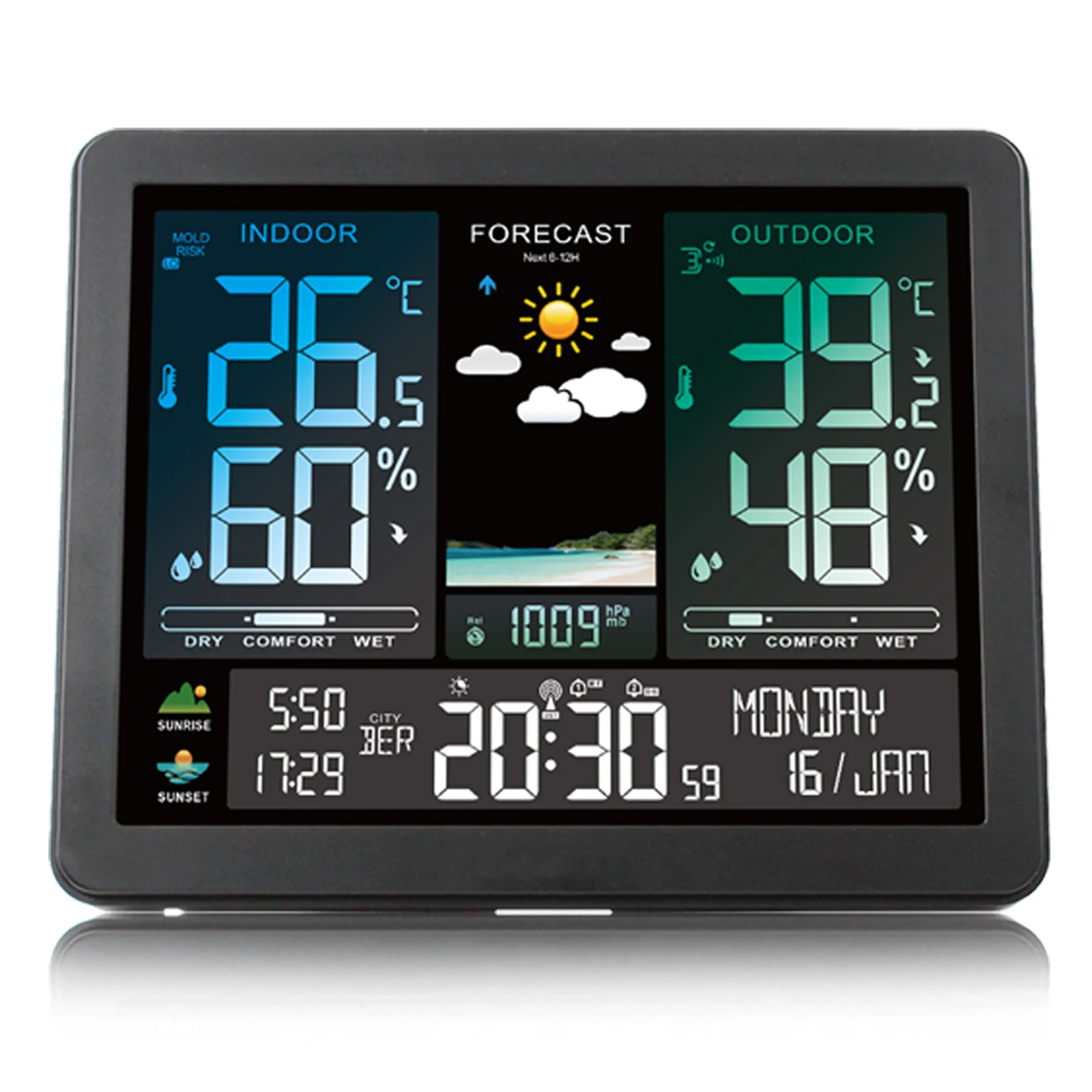 

Wireless Weather Station with Color Display Indoor Outdoor Thermometer Forecast Clock USB Charging Meteo Station