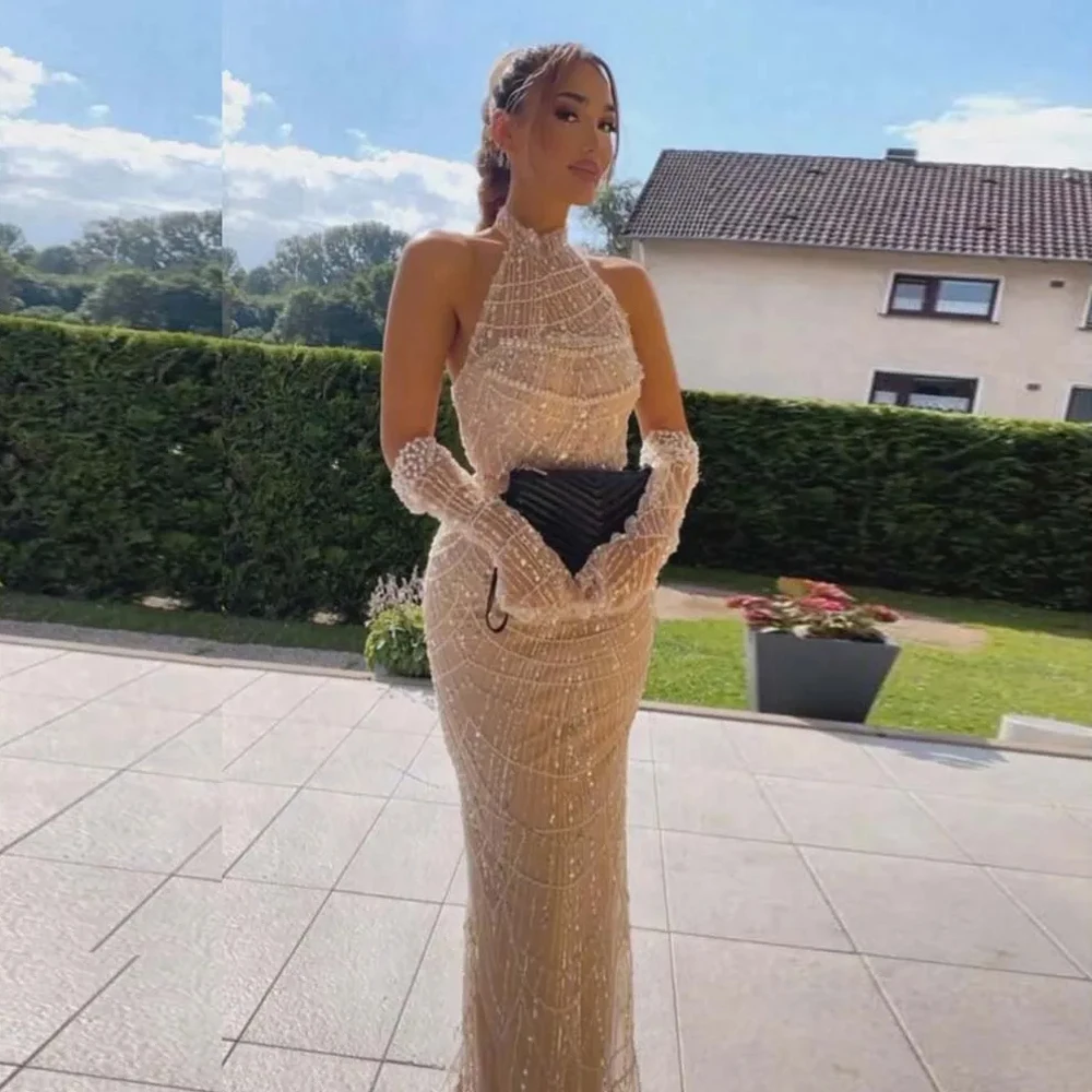 Luxury Arabic Halter Evening Dress 2024 For Women Elegant Pearls With Gloves Mermaid Formal Prom Occasion Wedding Party Gowns