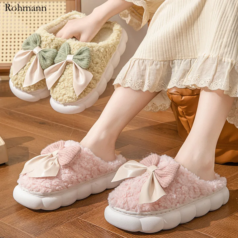 

2025 New Autumn Winter Bow Thick-soled Indoor Comfortable Lightweight Plush Warm Slippers