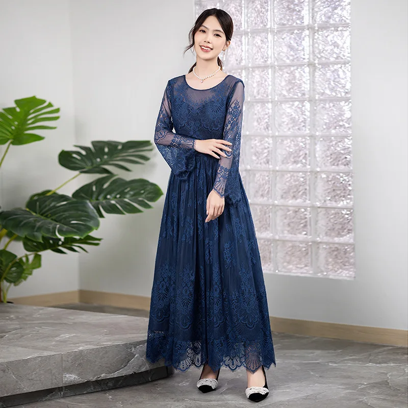 Long Mother Of The Bride Dresses Lace Trimming  Elegant Long Sleeve Mother Of The Bride Gown Navy Blue