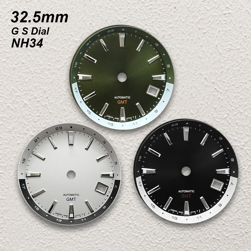

32.5mm G S Logo GMT Dial Fit NH34 Movement Green Luminous High Quality 3.8 O'clock Calendar Watch Modification Accessories
