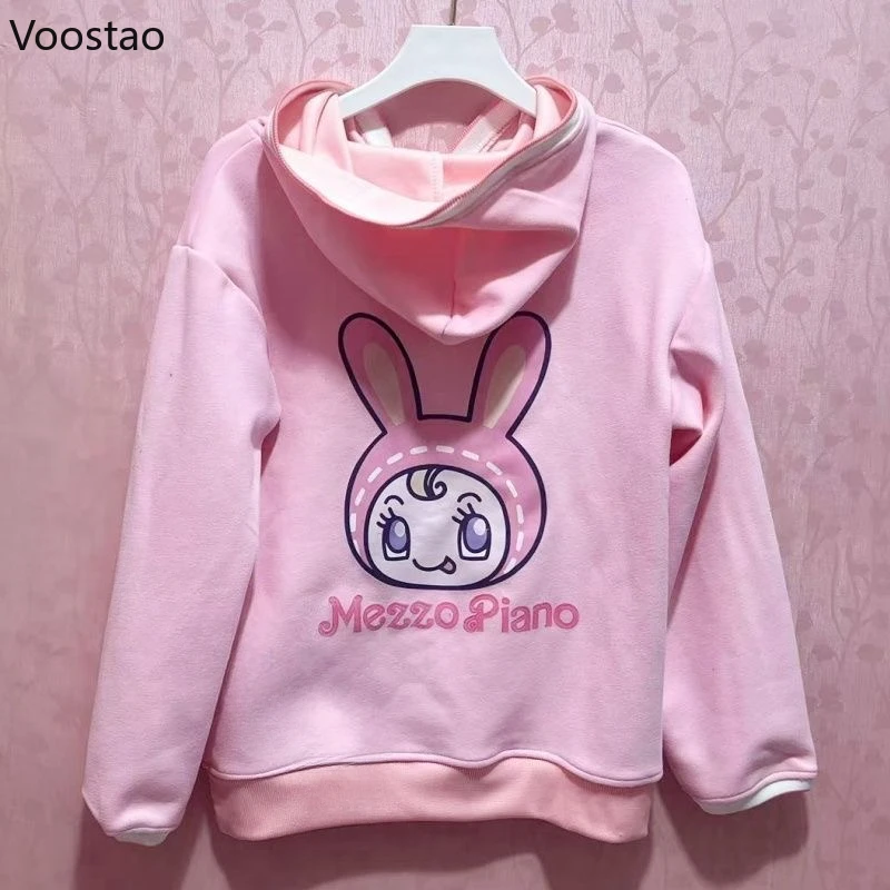 Japanese Kawaii Women Lolita T-Shirts Ropa Mujer Lace Cartoon Pocket Print Hooded Long Sleeve Tees Y2k Aesthetic Hoodies Tops