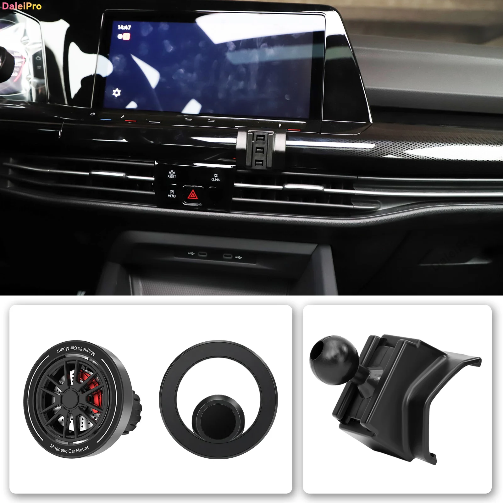 Custom Fit for Volkswagen Golf 8 MK8 2021-2024 Magnetic Phone Mount Airflow Cooling Phone Holder 360° Swivel Phone Holder Base