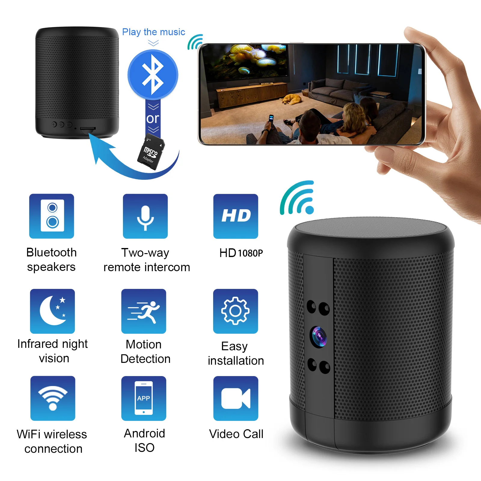 Wifi Camera 1080p HD Wireless Smart Home Wide-angle HD Night Vision Motion Detect Remote Monito Audio Video Recorder