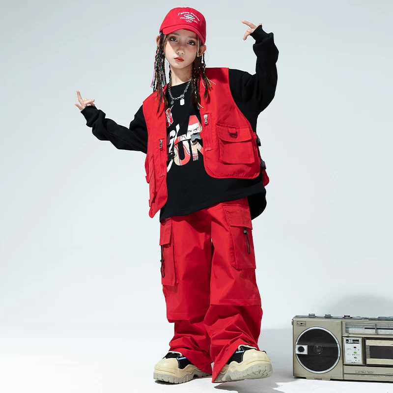 Kids Kpop Outfits Hip Hop Clothing Black Vest Top Casual Cargo Pants Street Dance for Girls Boys Jazz Dance Costume Clothes Set