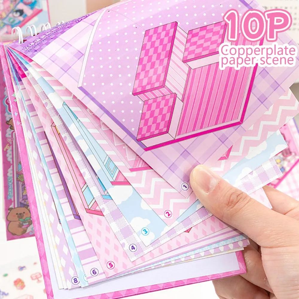 10Sences in 1Book 2.5D Landscape Sticker Cartoon Cabin Scene DIY Sticker Stacking Pasting Festival Birthday Gift