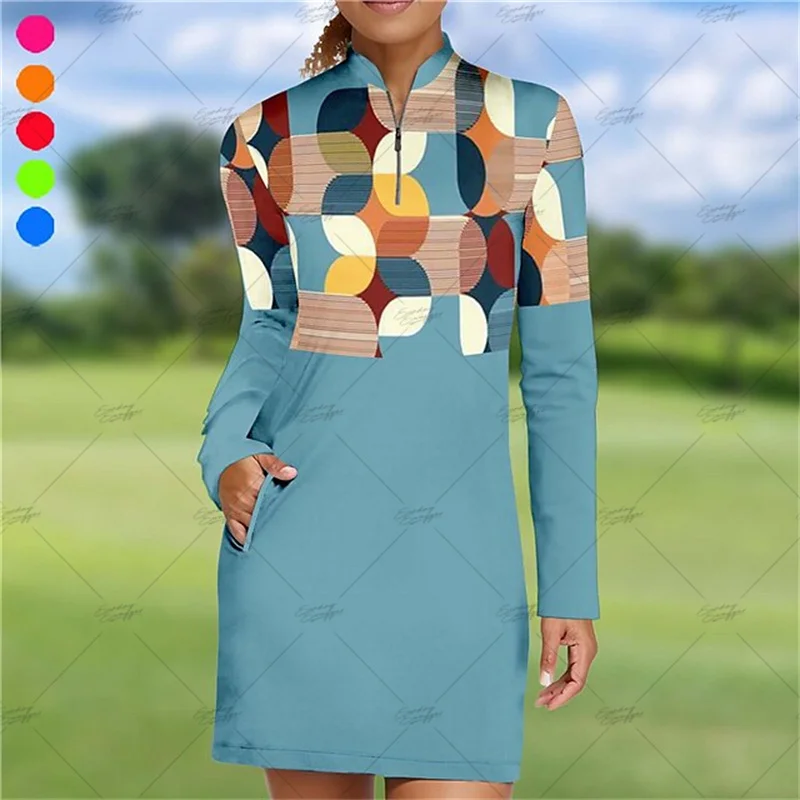 

Autumn Golf Fashion Print Women's Casual Long Sleeve Dress Fitness Comfortable Long Sleeve Dress Outdoor Sports Short Dress