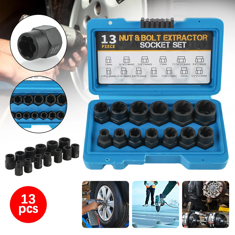 Remover Kit Impact Bolt Nut Screw Remover Tool Set Nut Extractor Socket 13PCS Socket Wrench Damaged Stripped Nut and Bolt 3/8