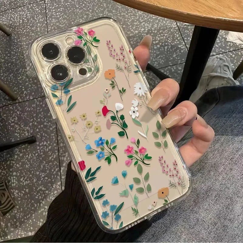 Phone Case For Samsung Galaxy A55 A15 A54 5G A16 A35 A25 S25 S24 Ultra S23 FE S20 S21 S22 Plus Leaves Flower Transparent Cover
