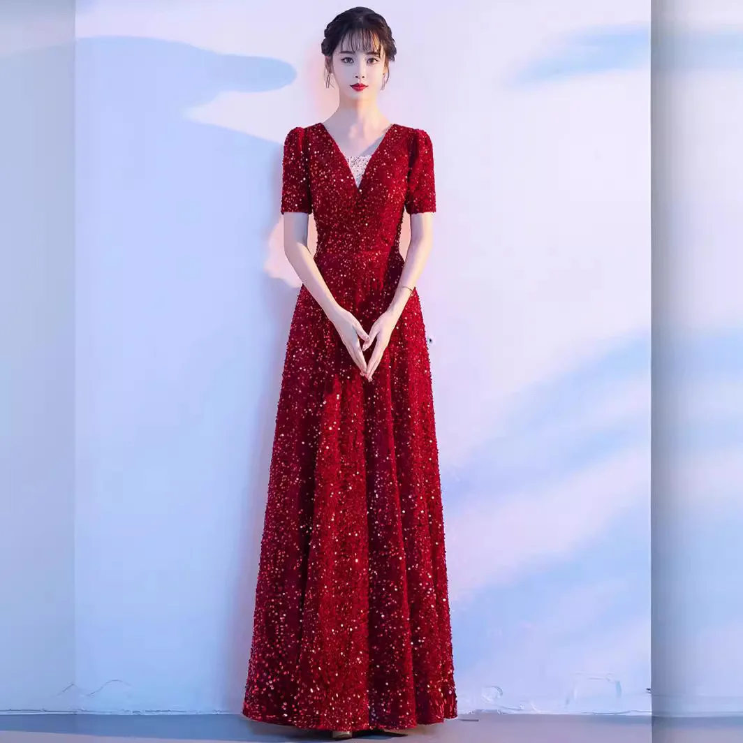 

Sparking Sequins Elegant V-neck Long Formal Evening Dress With Short Sleeves
