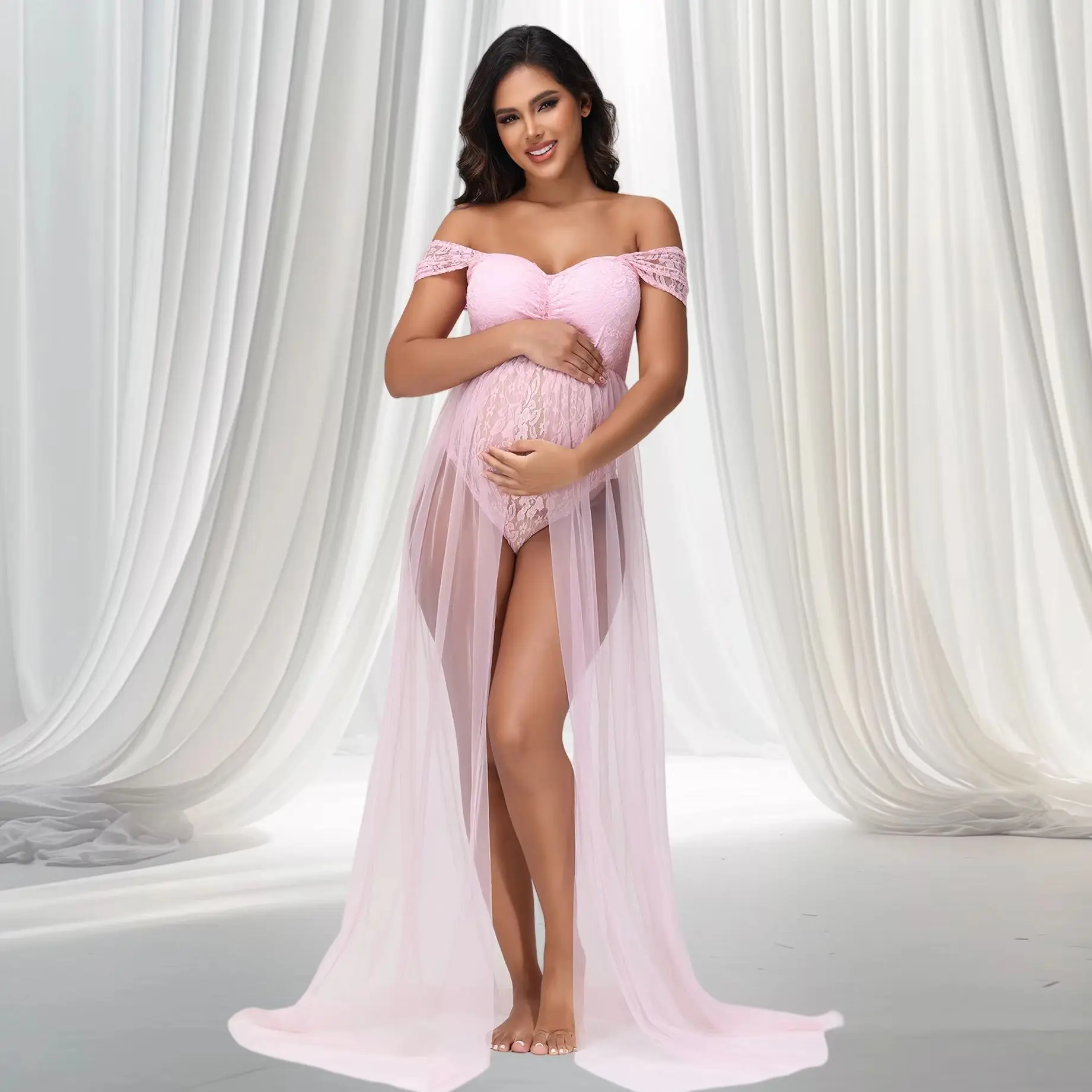 

Maternity Lace Off-Shoulder Bodysuit for Photoshoot with Tulle Long Sides Slit Tail Women