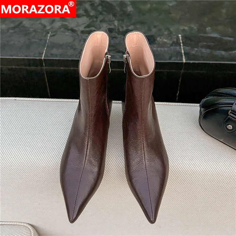 

MORAZORA Ins Fashion Genuine Leather Boots Women Pointed Toe Stiletto High Heels Handmade Retro Short Ankle Boots Office Shoes