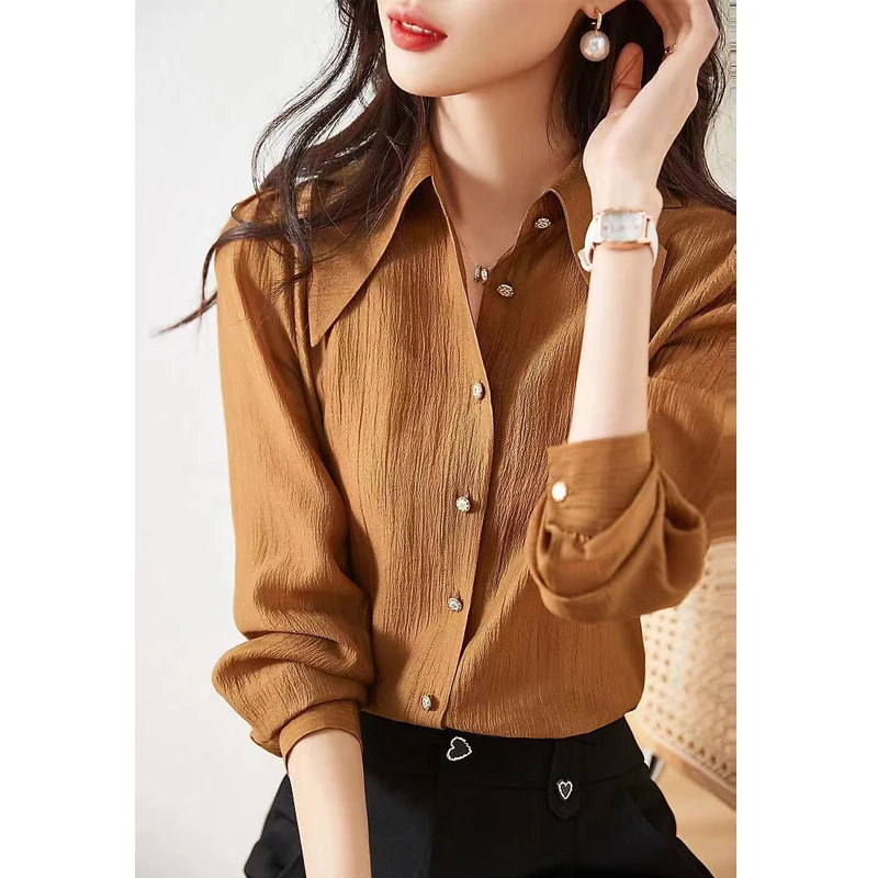 Women Korean Fashion Design Elegant Button Shirts Autumn Winter Office Lady Business Casual Blouses Solid Long Sleeve Loose Tops