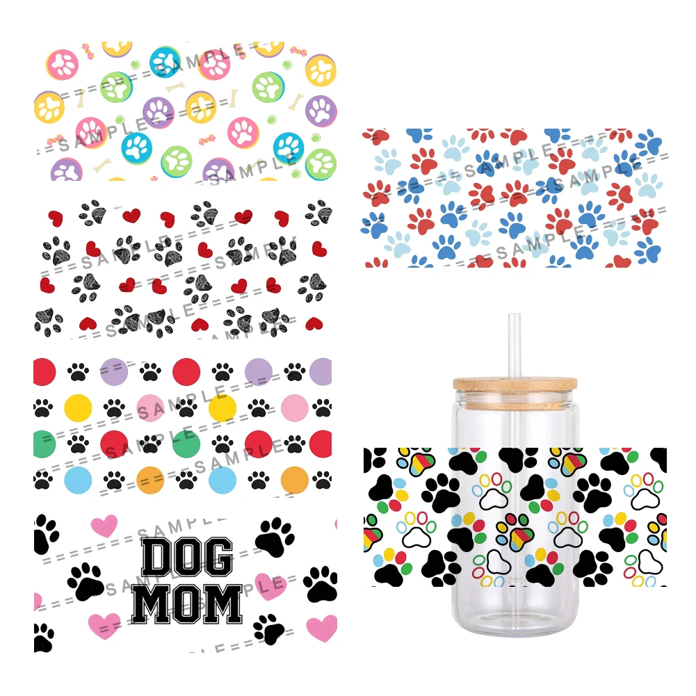 Lovely Cartoon Dog Paw Cat Pattern UV DTF Transfer Sticker Waterproof Transfers Decals For 16oz Glass Cup Wrap Stickers