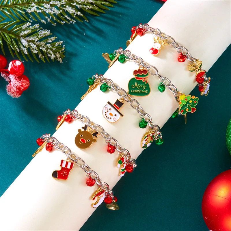 Frohe Weihnachten Metall Kette Armband Für Frauen Männer Santa Claus Weihnachten Baum Schneeflocke Elch Schneemann Armreifen Mädchen Party Schmuck Geschenke