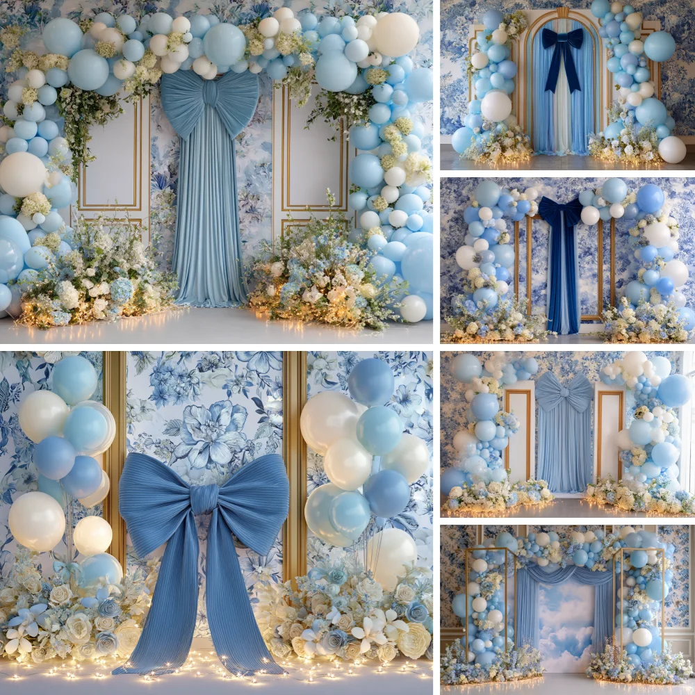 

Blue Bow Balloon Floral Photography Backdrop Baby Shower Photo Background Birthday Baptism Portrait Shoot Studio Props