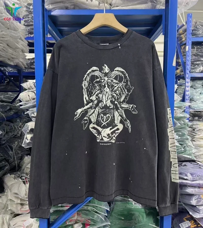 SAINT Crew Neck Men's & Women's Black Printed Pattern Distressed Vintage Autumn/Winter Long-Sleeve T-Shirt