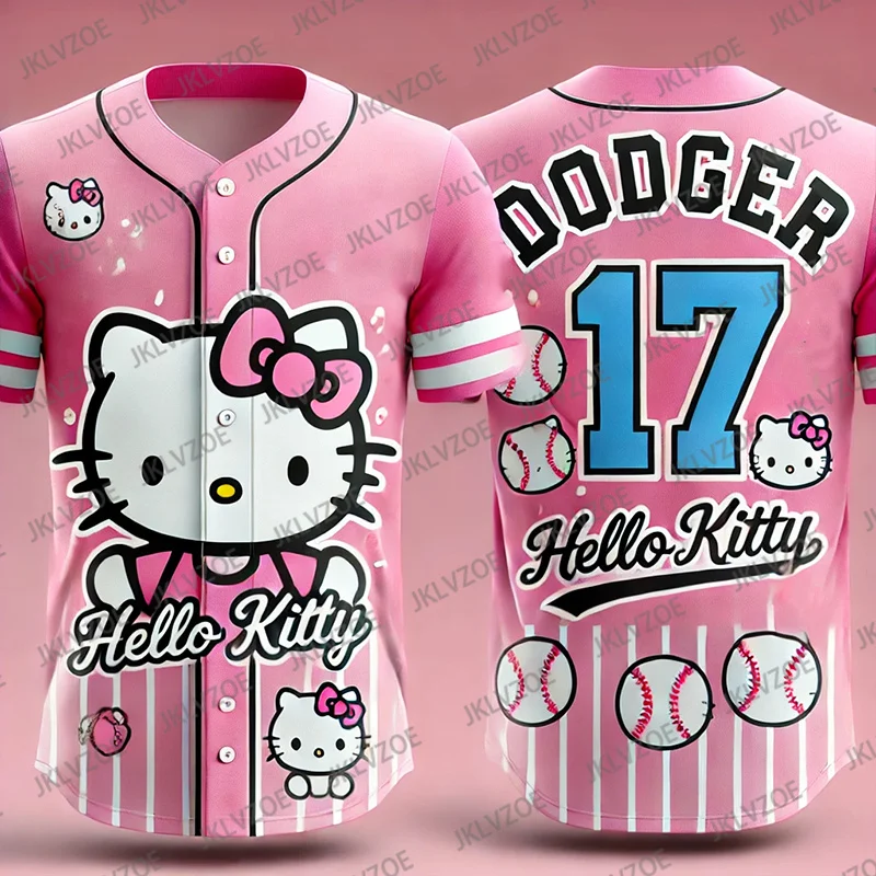 Sanrio Hello Kitty Baseball Tshirt LA Dodgers No.17 Tops Women Fashion Button Streetwear Sport Casual Training Baseball Jersey