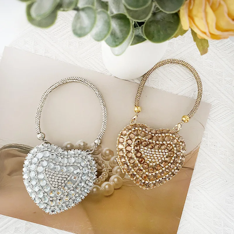 

College Girls Change Small Peach Heart Metal Chain Bag Women's Shiny Diamond Inlaid Glass Stone Mini Love Heart Dinner Handbag