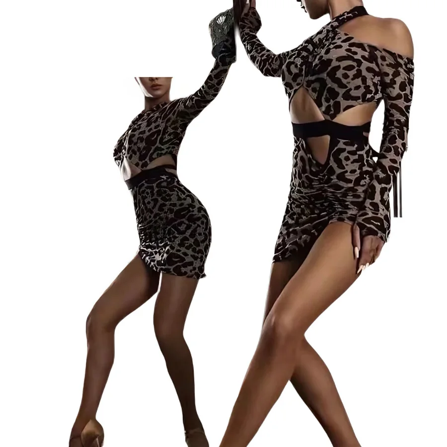 

Girls Leopard Print Latin Dance Dress Sexy Halter Cut Out Backless Cha Cha Samba Performance Costume Long Sleeve Practice Wear