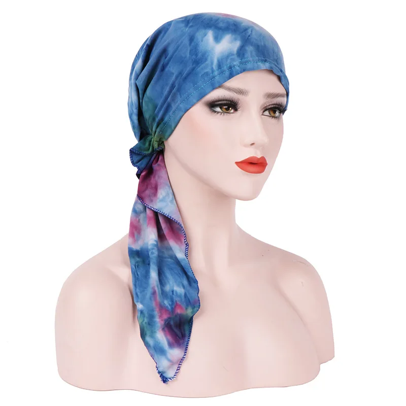 Women\'s Fashion Tie-dyed Headscarf Hat Muslim Ladies Cotton Elastic Pullover Hat Turban Bandanas Cancer Chemo Hat Headwear